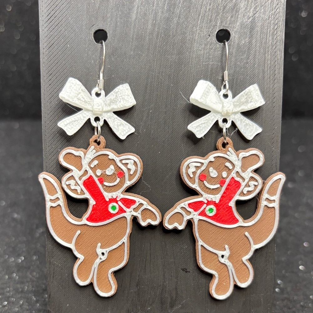 Roo Gingerbread Christmas Earrings with White Bows Stainless Steel